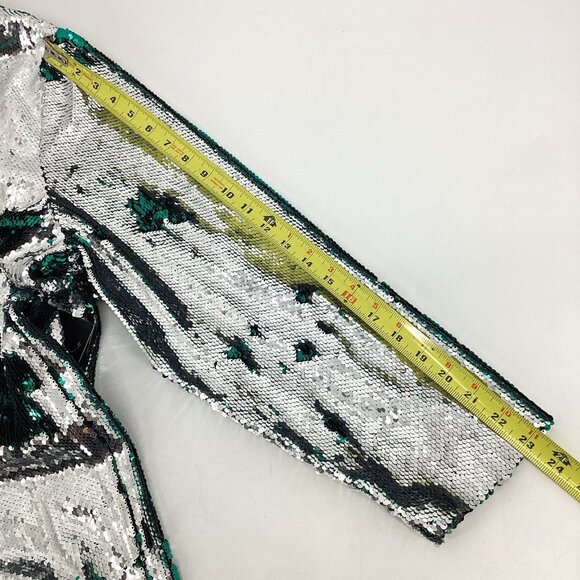 NWT ELOQUII Long Sleeve V-Neck Reversible Sequin Dress Silver Green Sz 24 Party - Picture 8 of 13